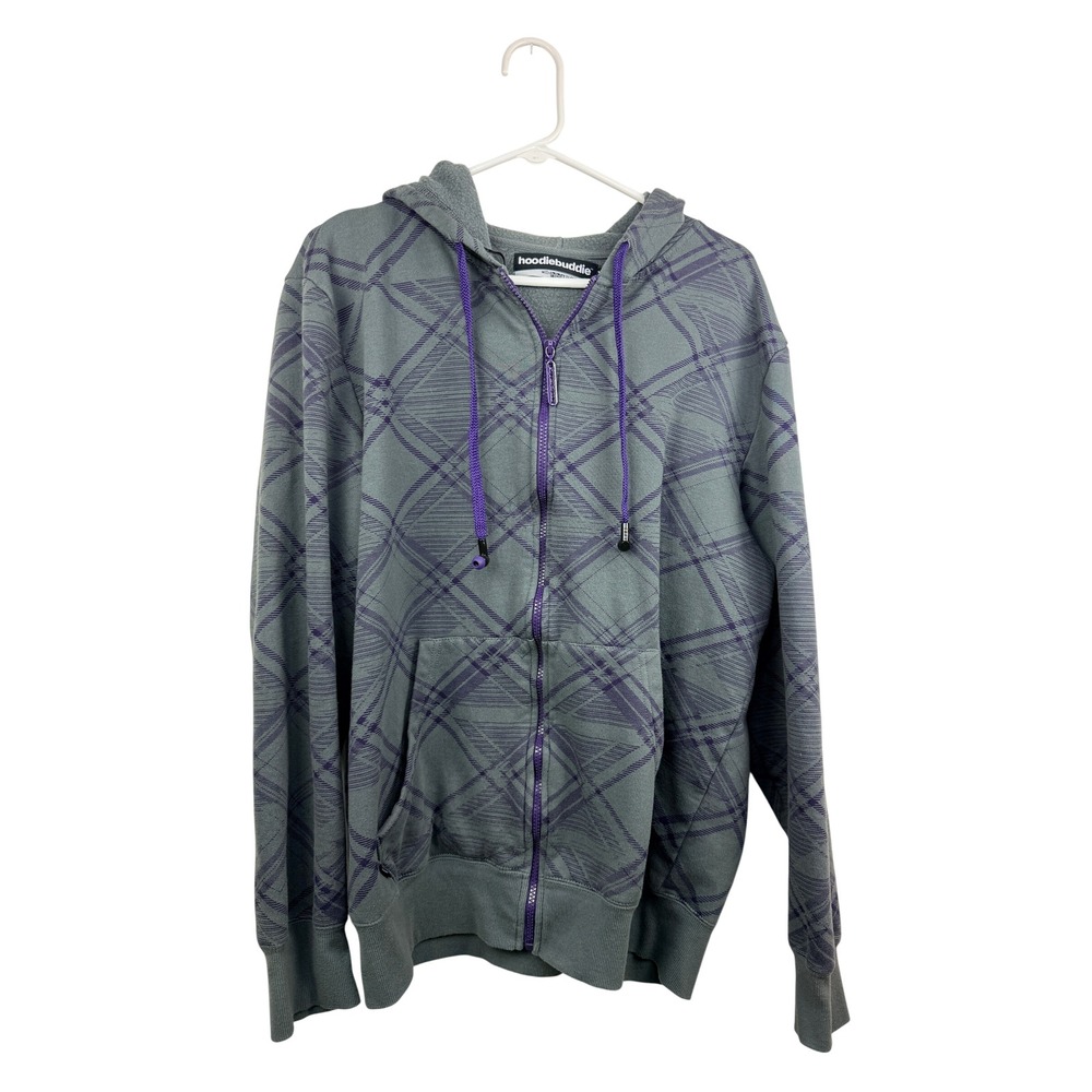 Hoodiebuddie Mens XL Gray Purple Plaid Zip Up Hoodie HB3 Technology Earbuds